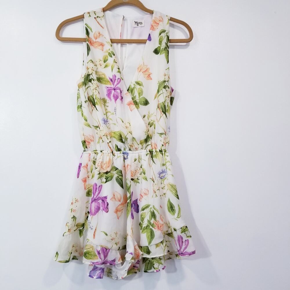 Show me your MUMU Multicolor Floral Print Ruffle Romper Sleeveless V-Neckline